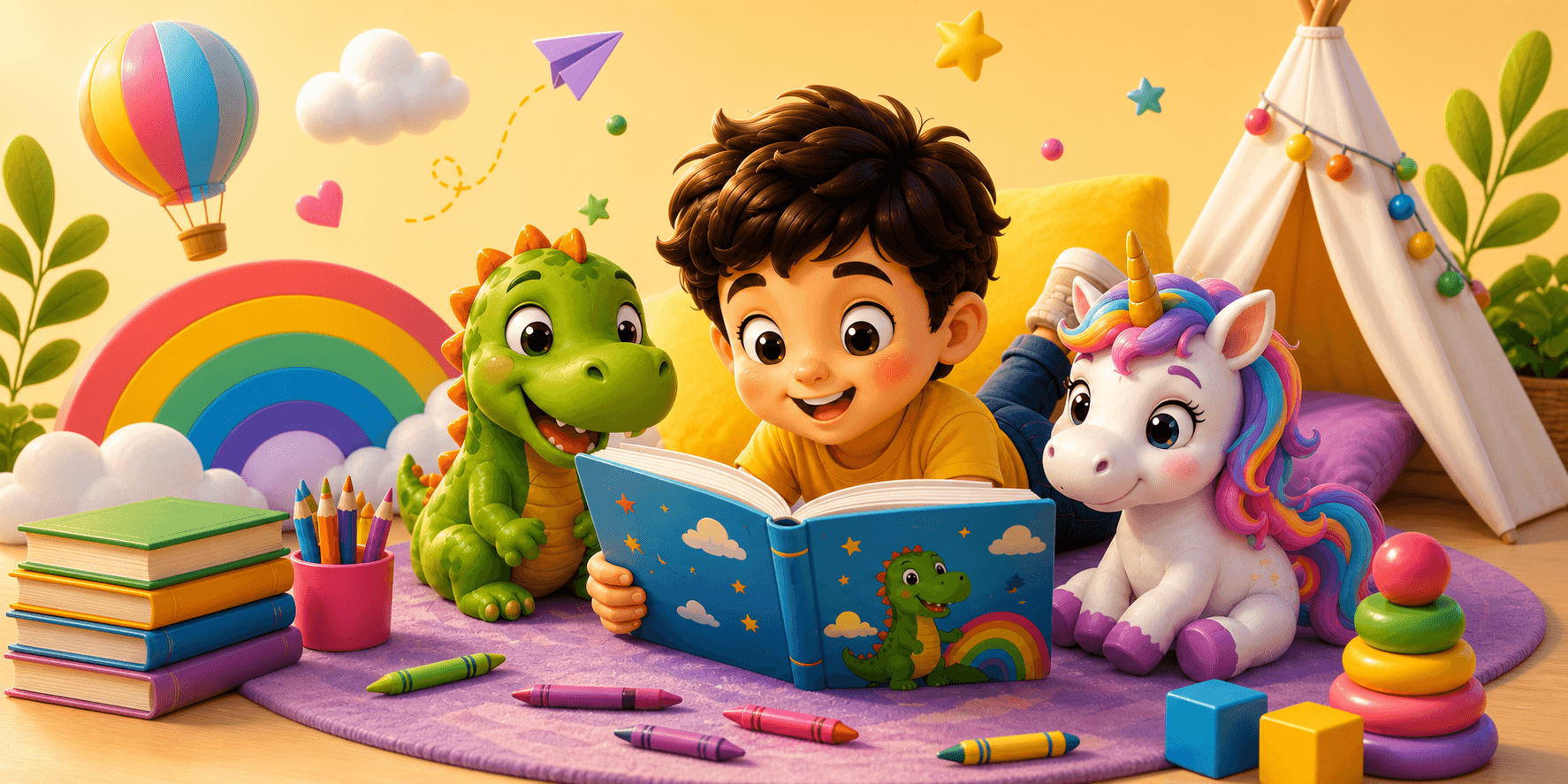 Child reading a picture book with a friendly dinosaur and unicorn in a colorful playroom